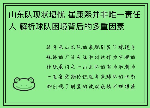 山东队现状堪忧 崔康熙并非唯一责任人 解析球队困境背后的多重因素 山东队现状堪忧 崔康熙并非唯一责任人 解析球队困境背后的多重因素