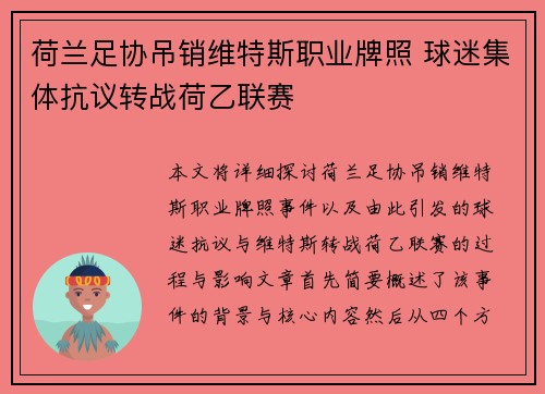荷兰足协吊销维特斯职业牌照 球迷集体抗议转战荷乙联赛 荷兰足协吊销维特斯职业牌照 球迷集体抗议转战荷乙联赛